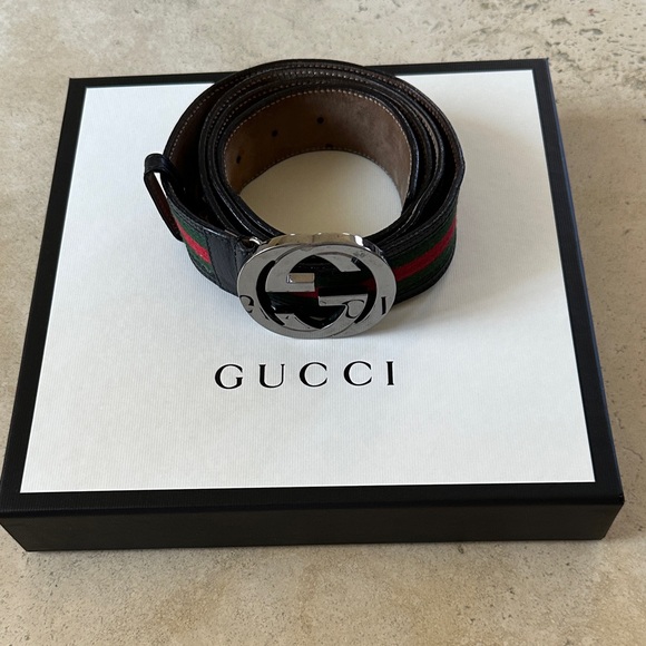 Gucci Black green red Brown leather with Silver GG Buckle 100% authentic - Picture 1 of 11